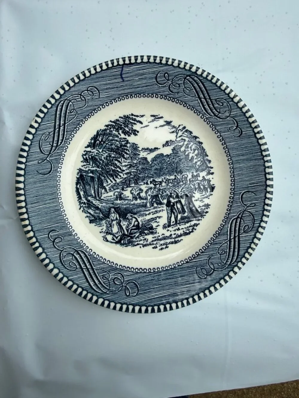 Vintage Blue & White Currier & Ives Ceramic Plate Pastoral Scene Harvest 6.5